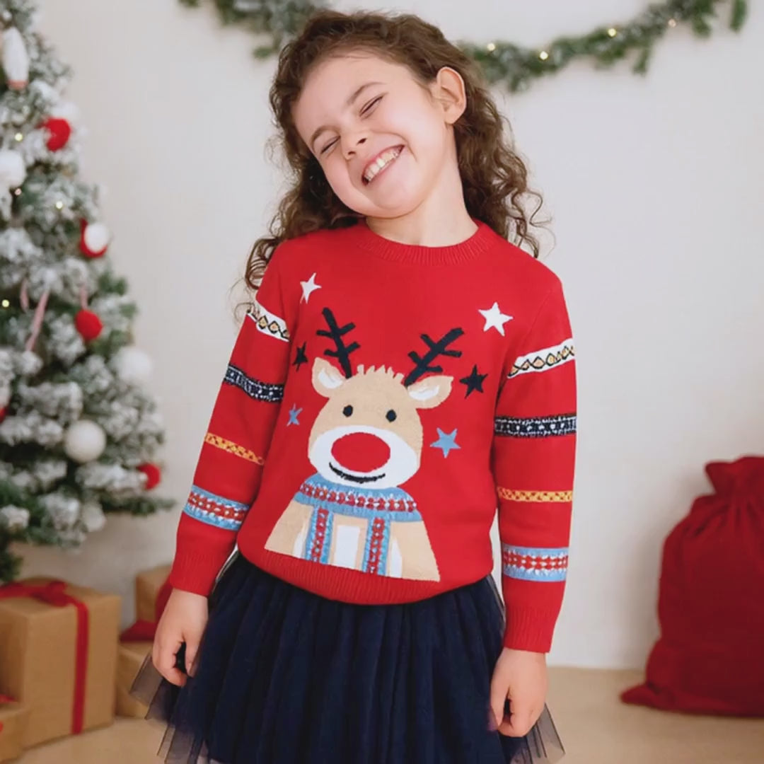Starry Rudolf - Red Kids' Christmas Jumper