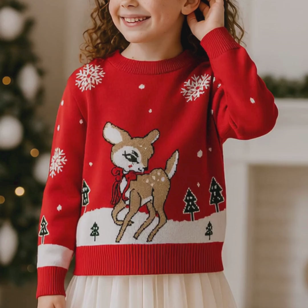 Deer in the Snow Kids Christmas Jumper - Red